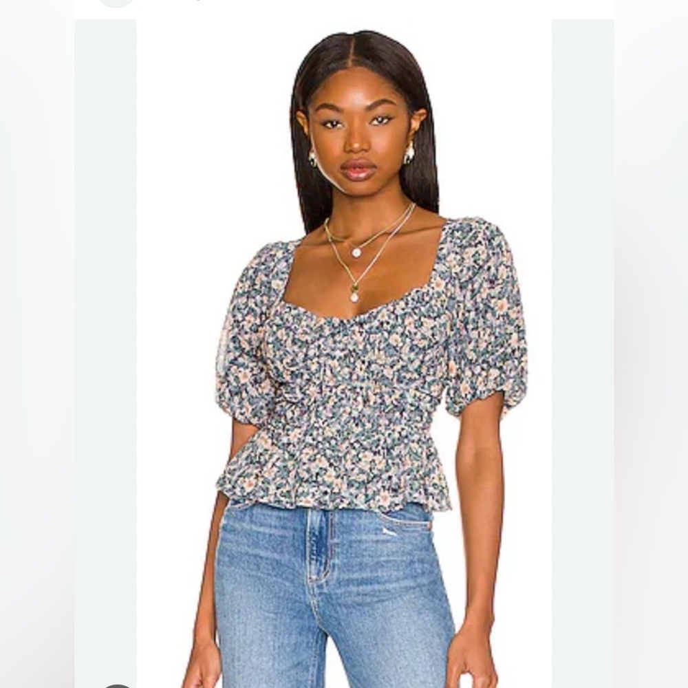 ASTR The Label Clairemont Top Floral Blue Peach Smocked Chiffon babydoll